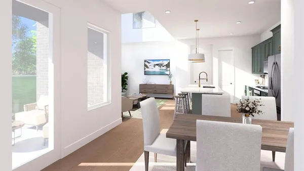 a living room with furniture a dining table and a large window