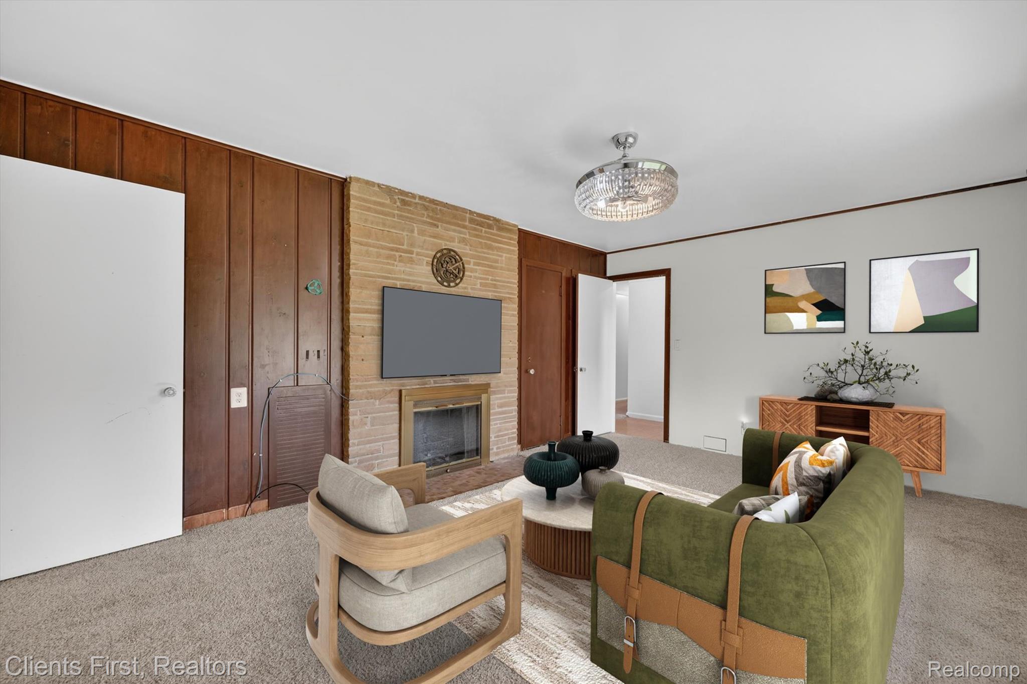 11000 Clinton River Road Sterling Heights, MI 48314 - Photo 6 of 36 Carpeted living area featuring a stone-clad fireplace, wood paneling, and a contemporary ceiling fixture