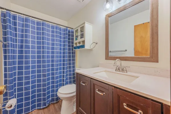 a bathroom with a sink a toilet and mirror