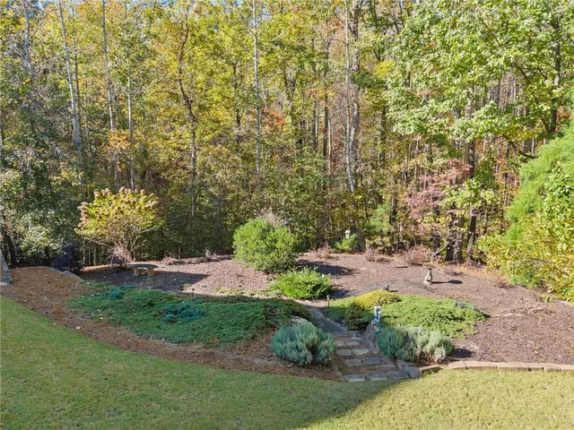a view of a field with large trees