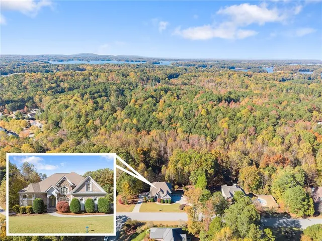 a aerial view of a house with swimming pool lawn chairs and flower plants