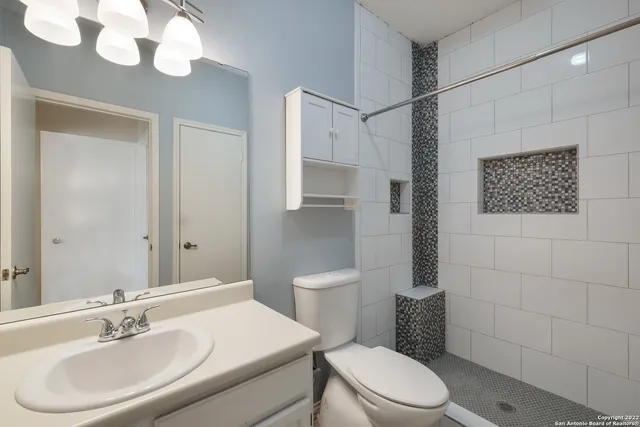 a bathroom with a sink a toilet and a mirror