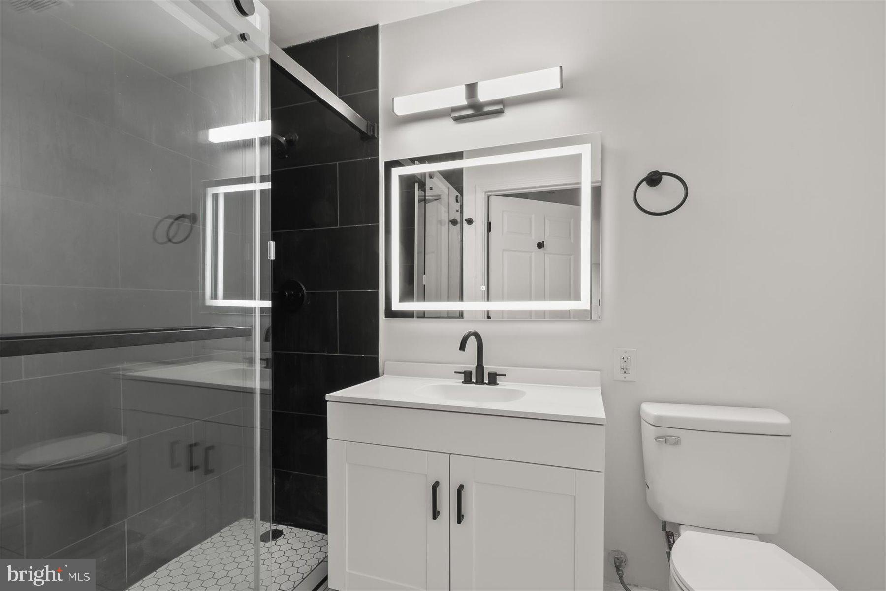 18521 Boysenberry Drive, Unit 242172 Gaithersburg, MD 20879 - Photo 19 of 43 a bathroom with a toilet a sink a shower and mirror