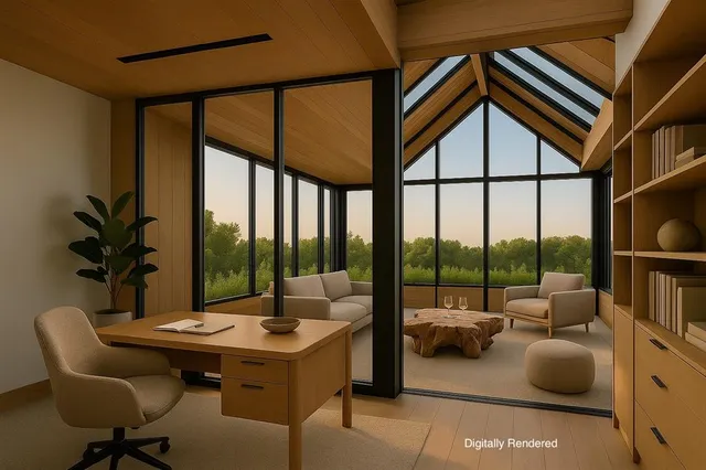 a living room with furniture and a floor to ceiling window