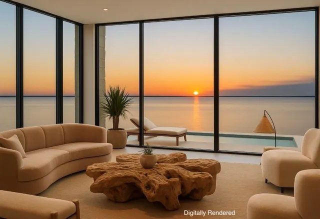 a living room with furniture and floor to ceiling window