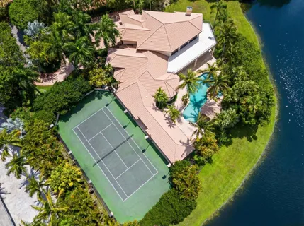 an aerial view of a house with a yard