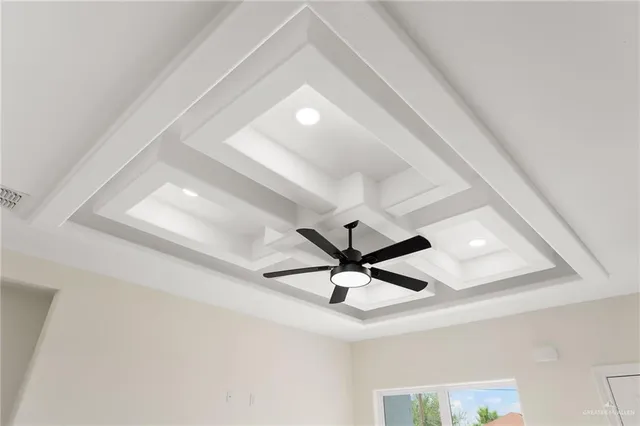 a view of a room with a fan