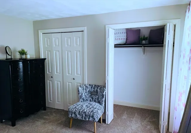 a living room with furniture and a closet