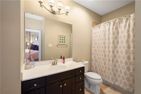 a bathroom with a sink vanity mirror and toilet
