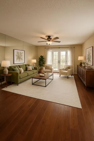 a living room with furniture and a wooden floor