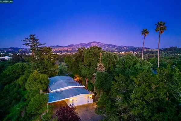 a view of a house with a big yard plants and large trees