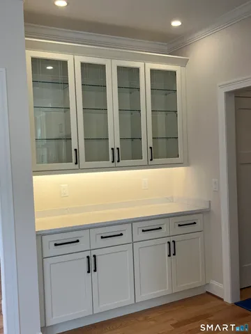 a view with cabinets