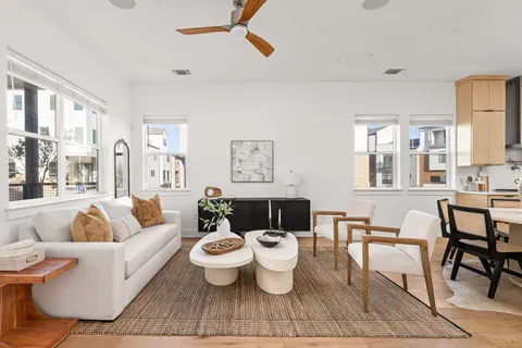 a living room with furniture a rug potted plant and a large window