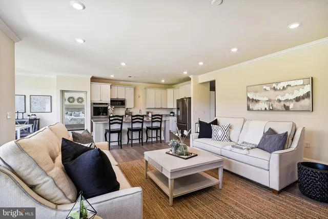 a living room with lots of furniture and kitchen view