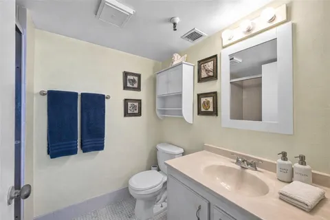 a bathroom with a sink vanity and toilet