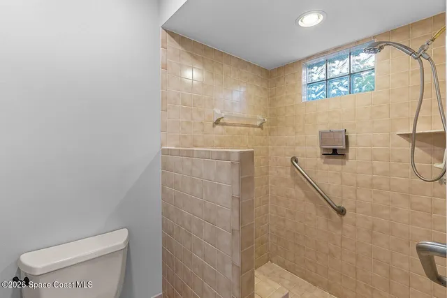 a bathroom with a shower and a toilet