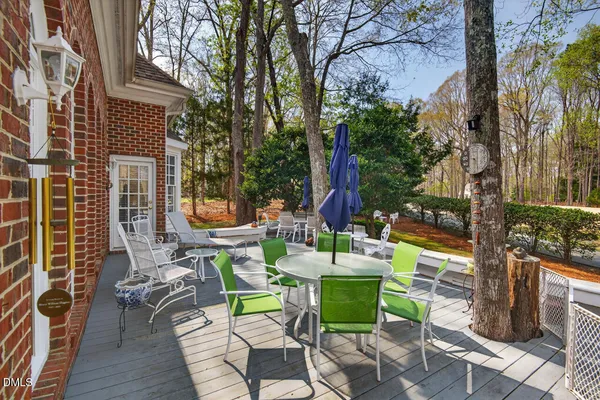 an outdoor space with furniture