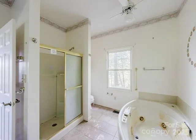 a bathroom with a tub and a shower