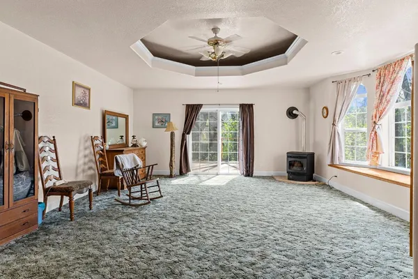 a living room with a large window and a potted plant