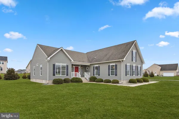 a front view of house with yard and green space