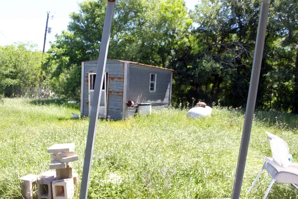 a backyard of a house with large trees and plants