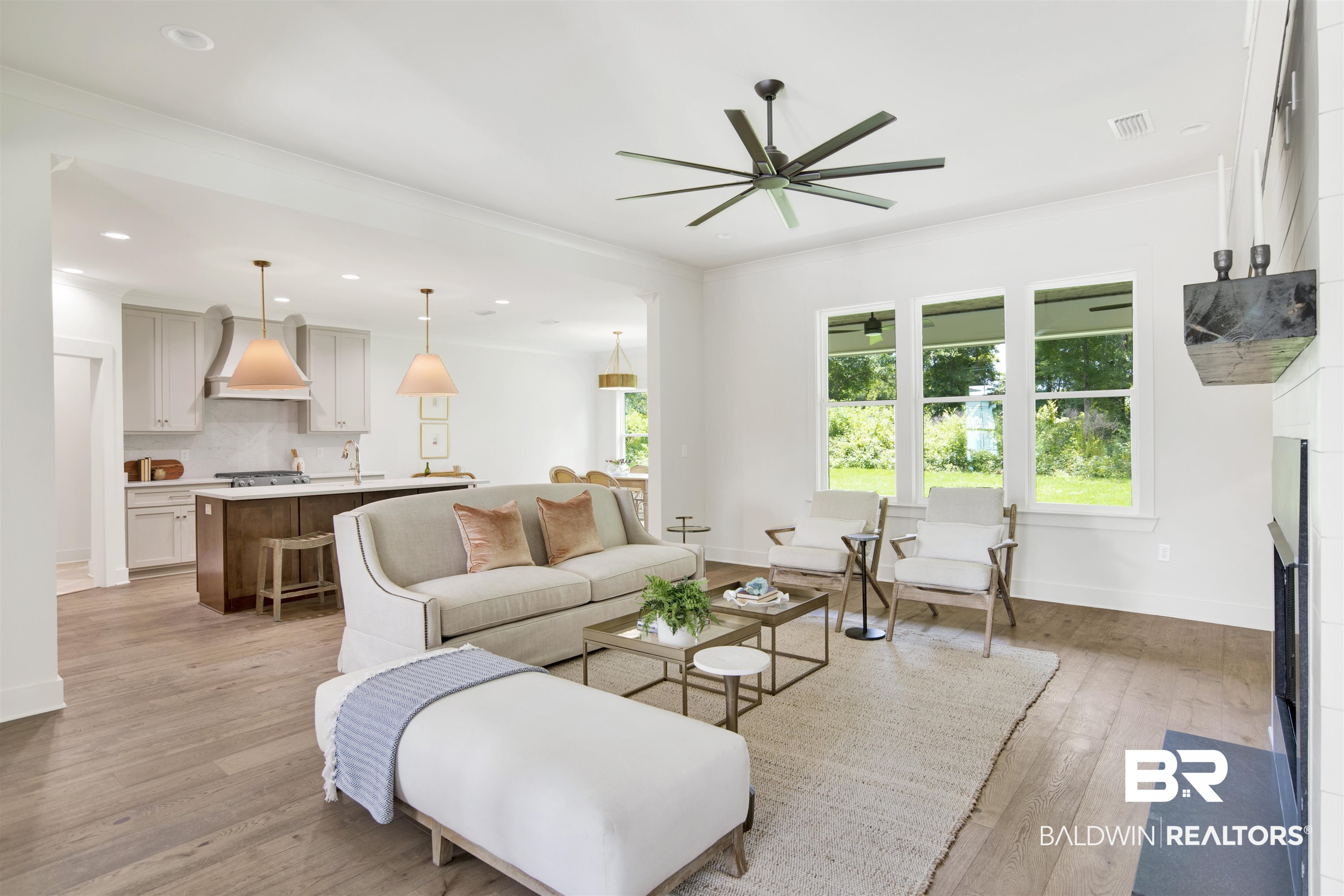 9275 Clarke Ridge Road Foley, AL 36535 - Photo 13 of 43 Living room with a ceiling fan, light wood-type flooring, recessed lighting, baseboards, and a fireplace with flush hearth