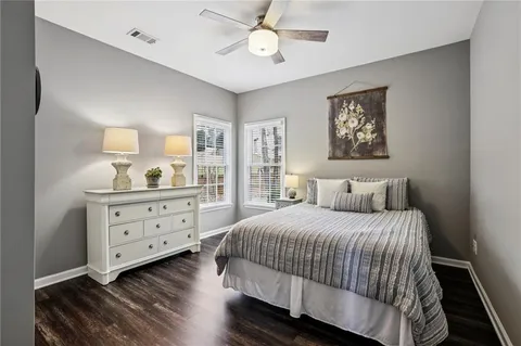 a view of a yard with plants and trees