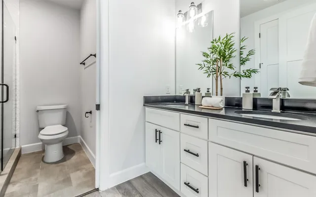 a bathroom with a granite countertop sink a toilet and mirror