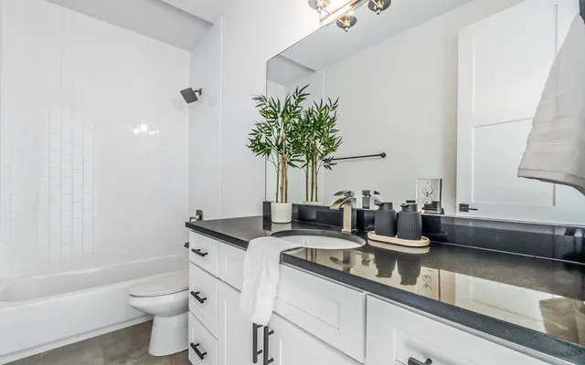 a bathroom with a granite countertop sink a toilet and bathtub