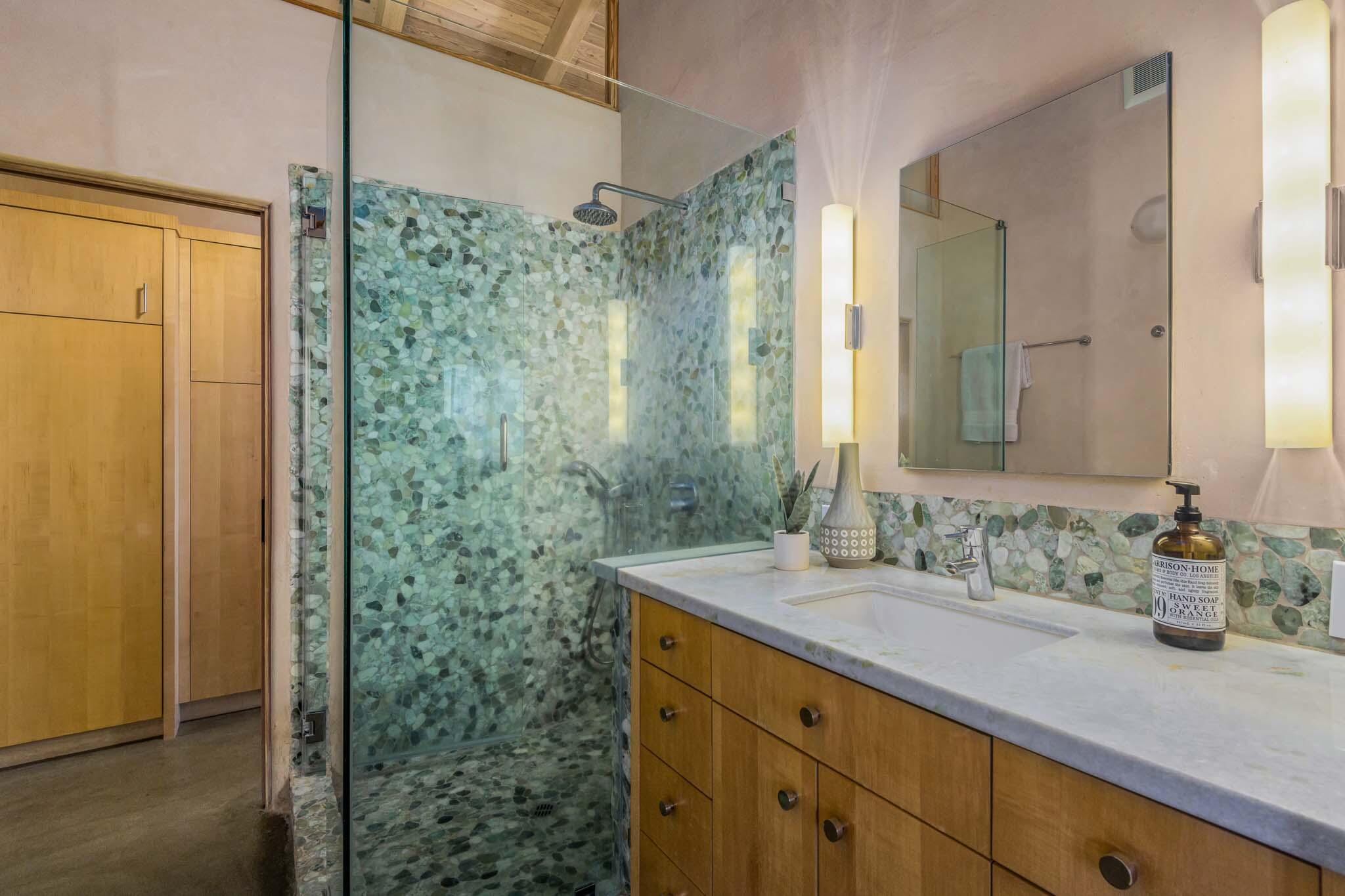 356 East Mountain Drive Montecito, CA 93108 - Photo 14 of 36 a bathroom with a double vanity sink mirror and shower
