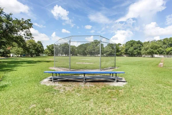 a view of a park with large trees