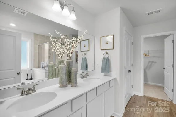 a bathroom with double vanity sinks a vanity two mirror and shower