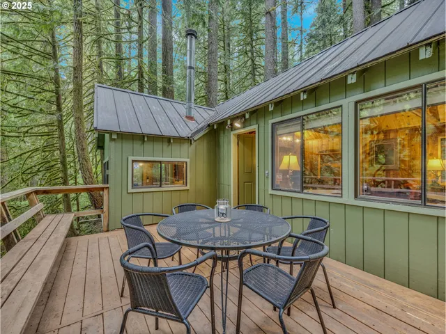 a backyard of a house with table and chairs