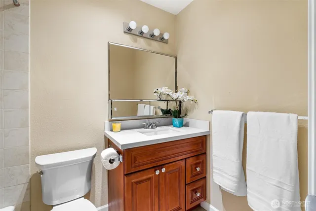 a bathroom with a sink a toilet and mirror