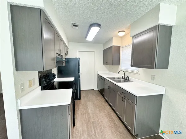a kitchen with a sink a stove and refrigerator