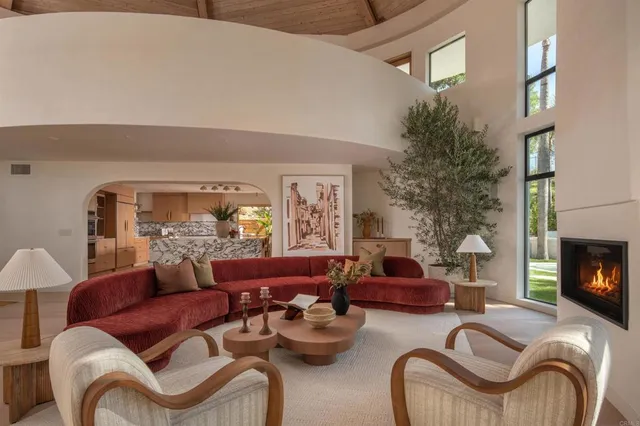 a living room with furniture potted plant and a fireplace
