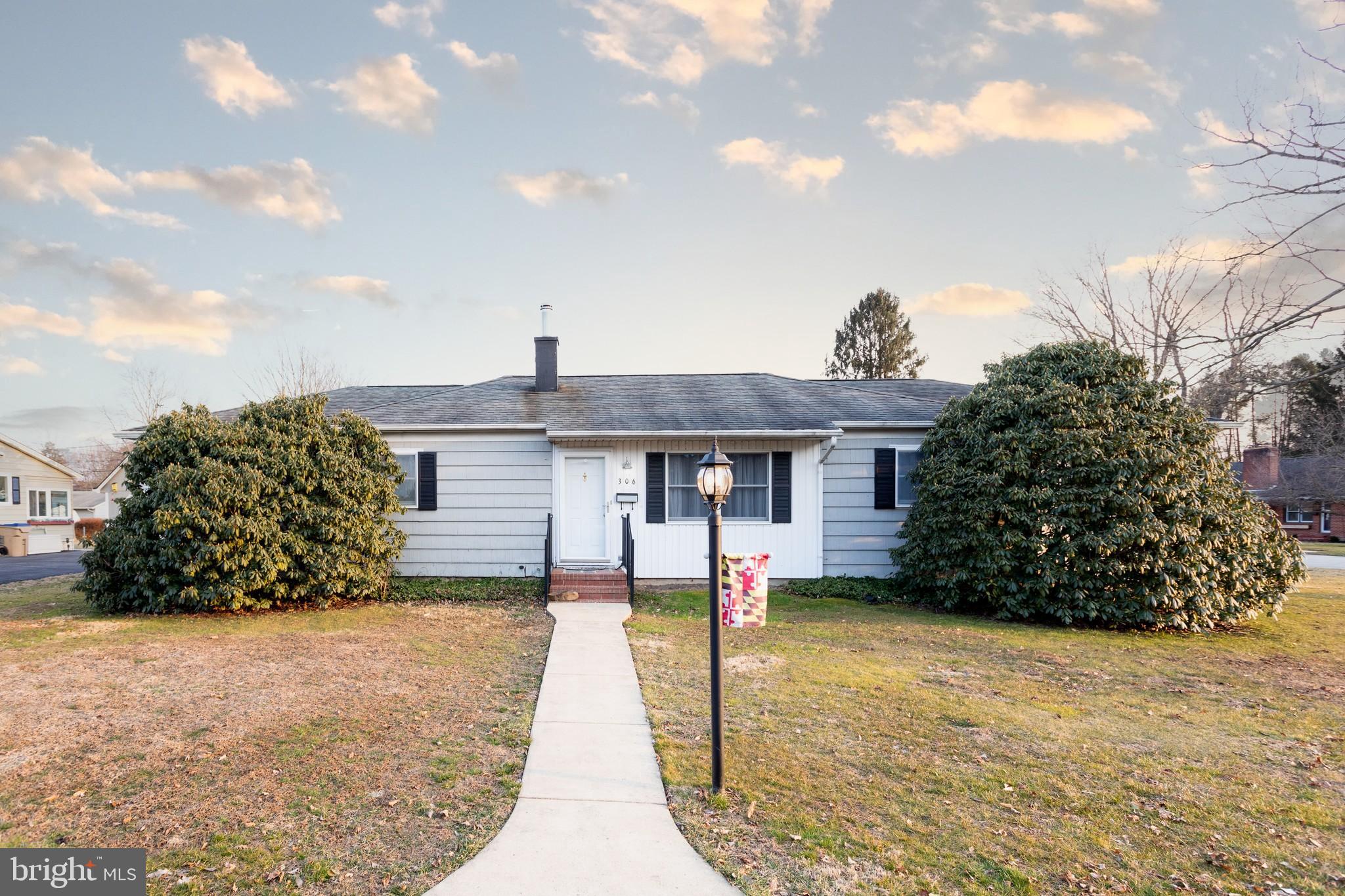 Mature landscaping with lamp post pathway entrance