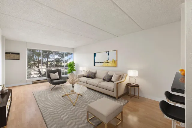 a living room with furniture and a potted plant