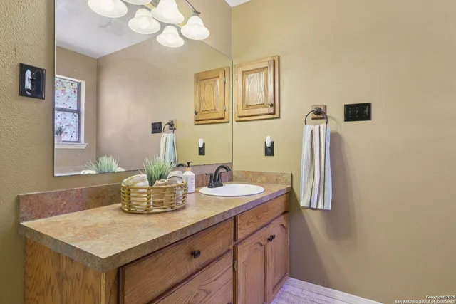 a bathroom with a sink a mirror and a shower