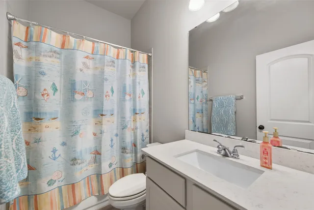 a bathroom with a sink a toilet and shower curtain