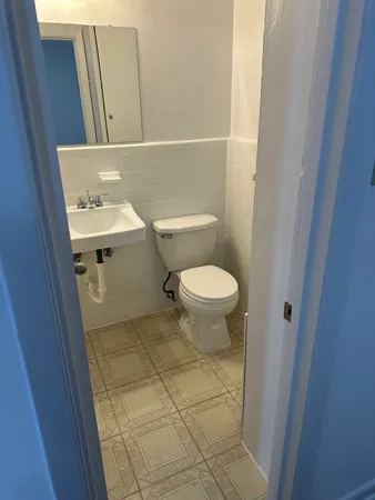 a bathroom with a sink a toilet a mirror and vanity