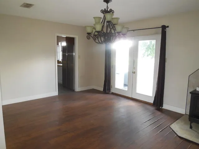 a view of a chandelier in a room