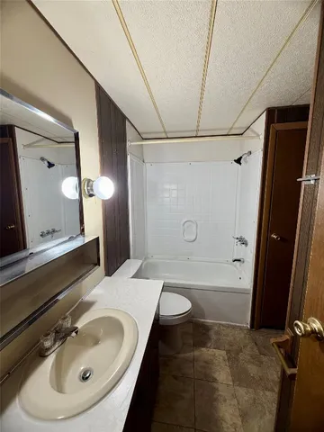 a bathroom with a sink a toilet a mirror and tub