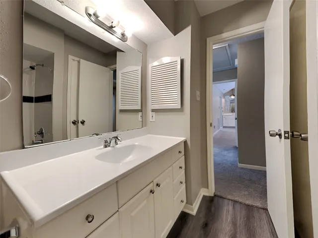 a bathroom with a sink a mirror and a shower