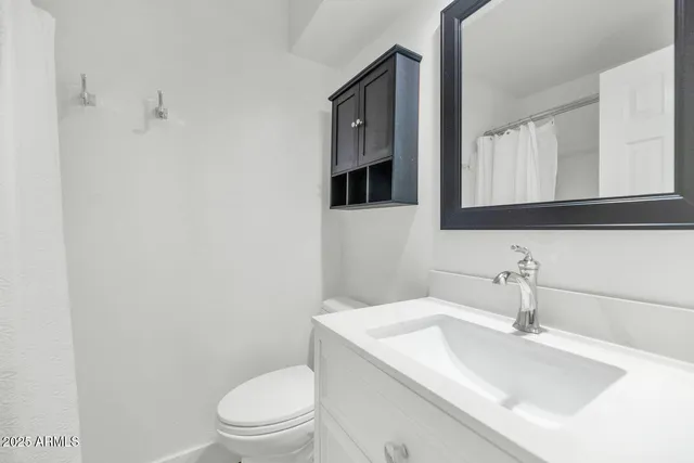 a bathroom with a sink a toilet and mirror