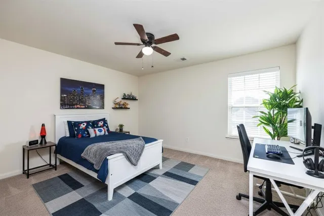 a bedroom with a bed a dresser and a potted plant