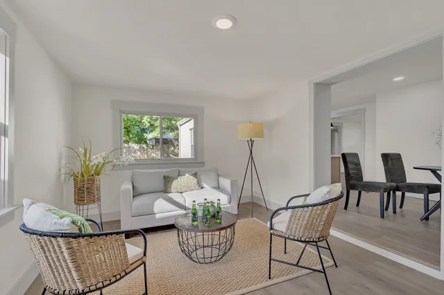 a living room with furniture and a potted plant