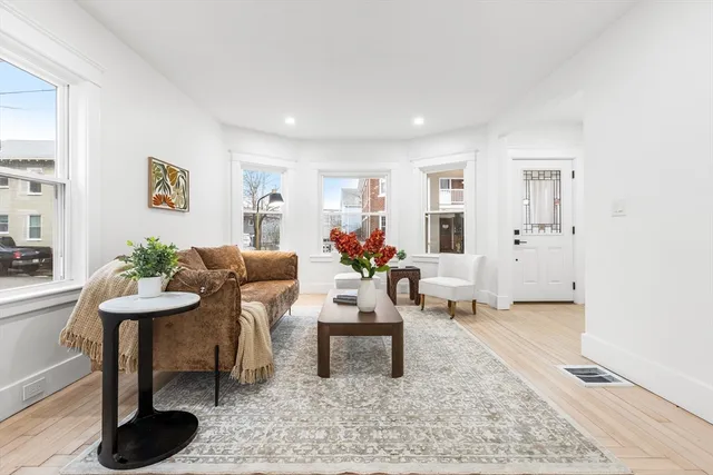 a living room with furniture and a potted plant