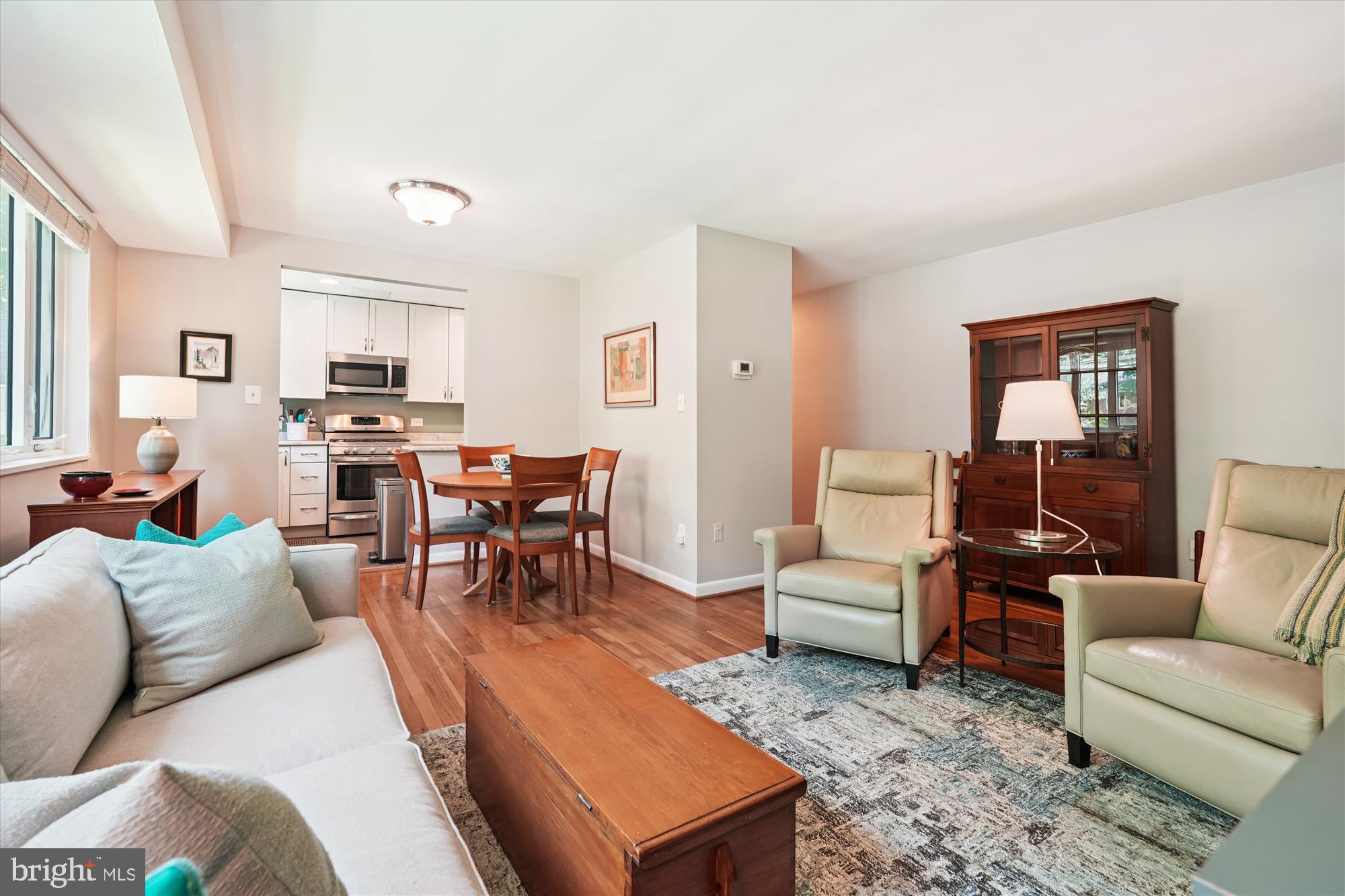 10427 Montrose Avenue, Unit 104 Bethesda, MD 20814 - Photo 10 of 37 a living room with furniture and a dining table with rug