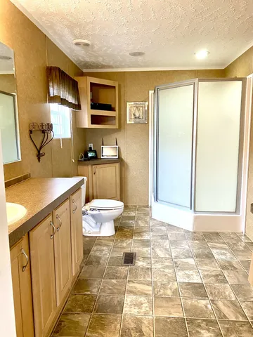 a bathroom with a sink a toilet and shower